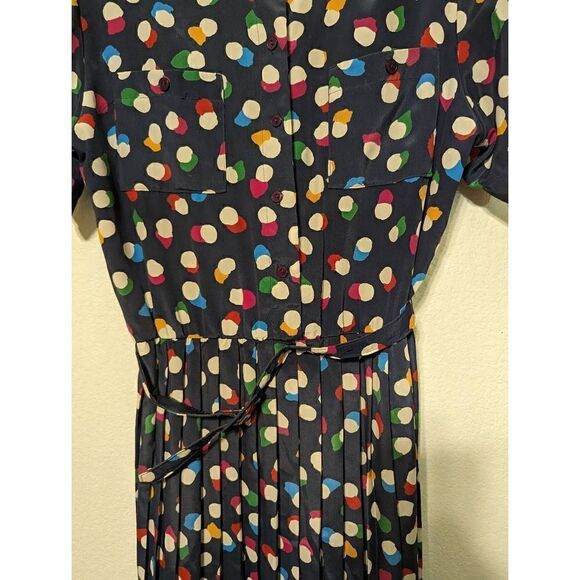 Vintage Women's Abstract Floral Pleated Utility Dress Navy Blue Size 14 - Picture 11 of 15